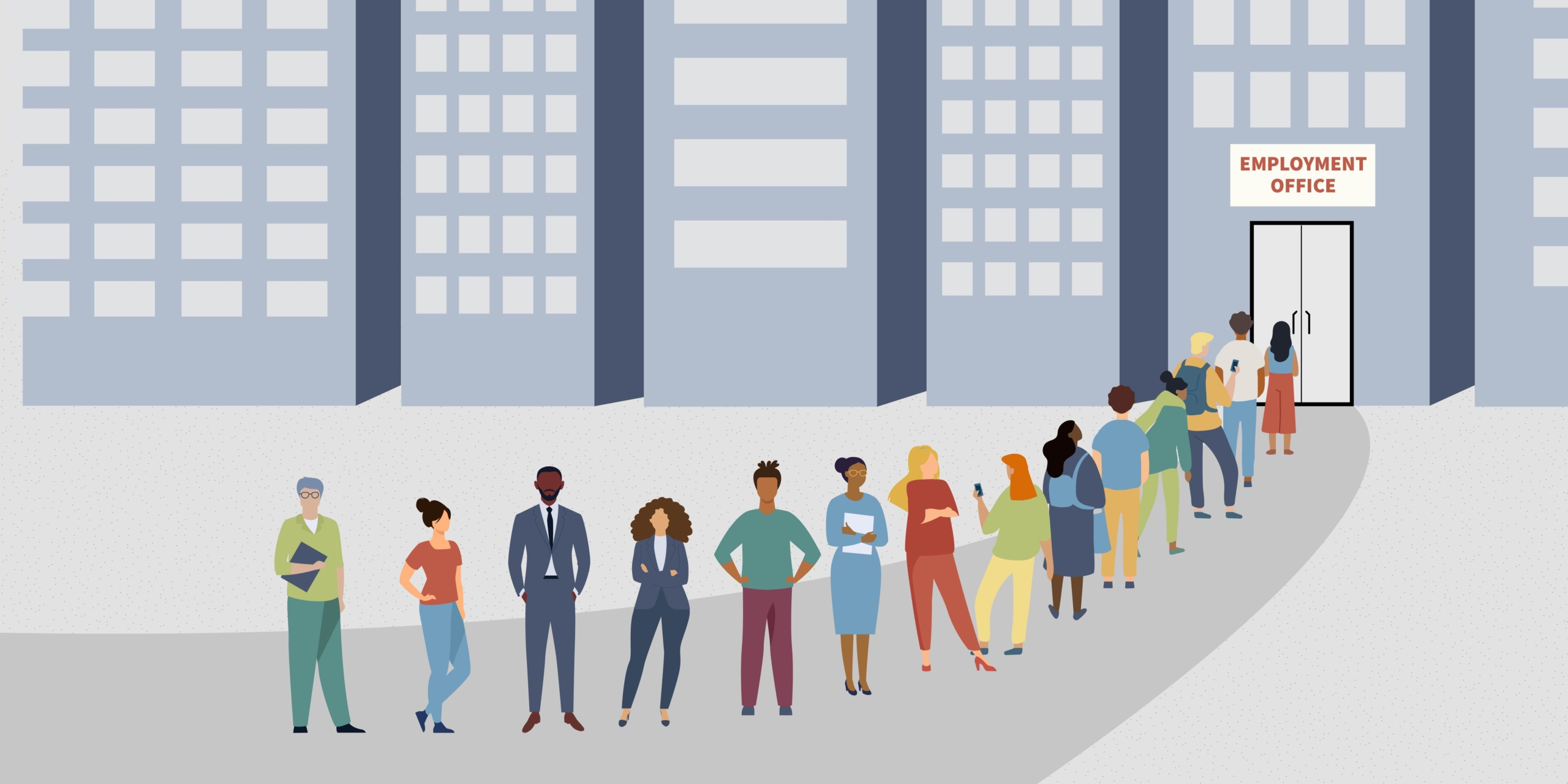 A representation of the labor market through an illustration of a line of people outside an Employment Office.